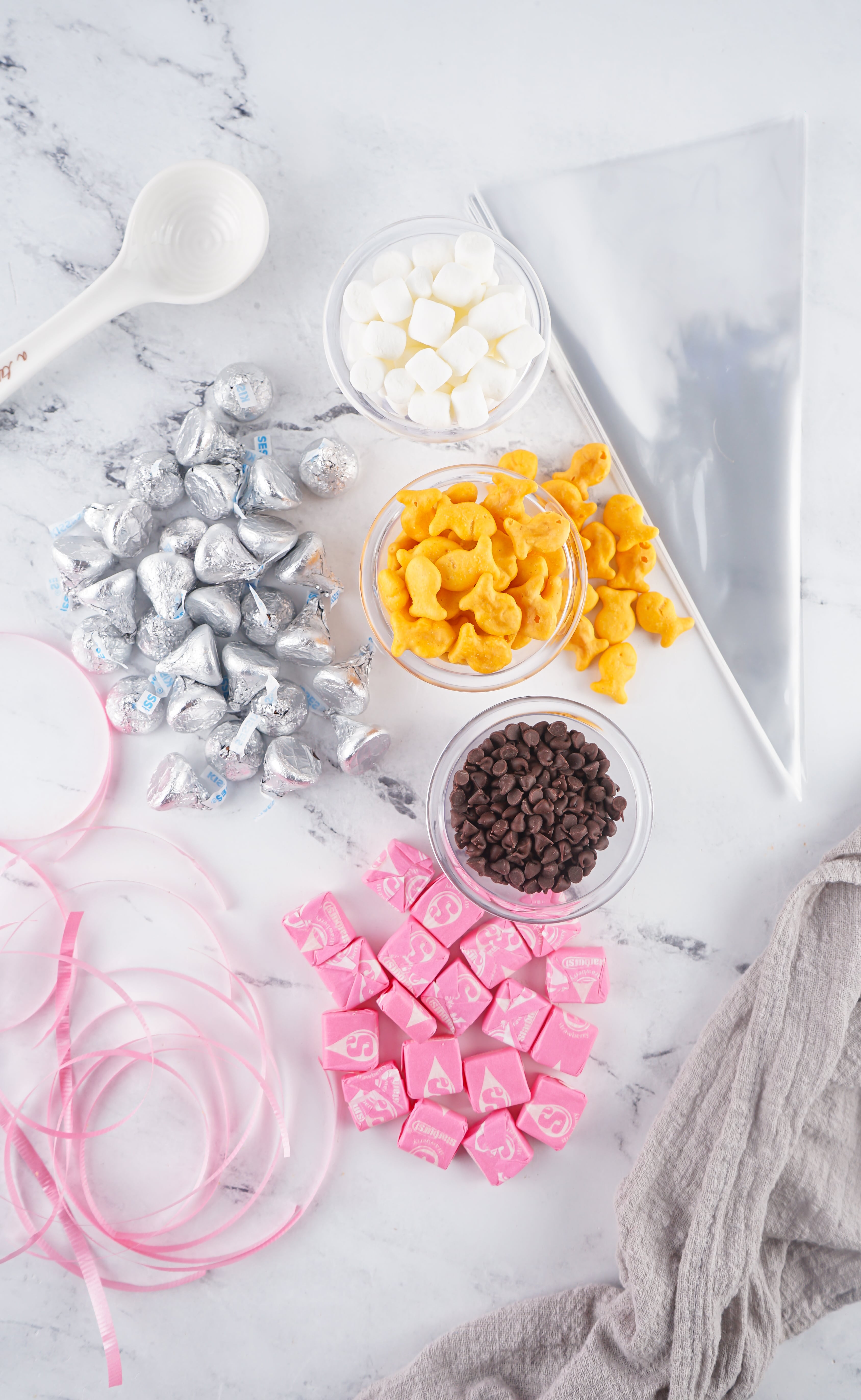 an overhead image showing the ingredients needed to make back to school pencil bag treats