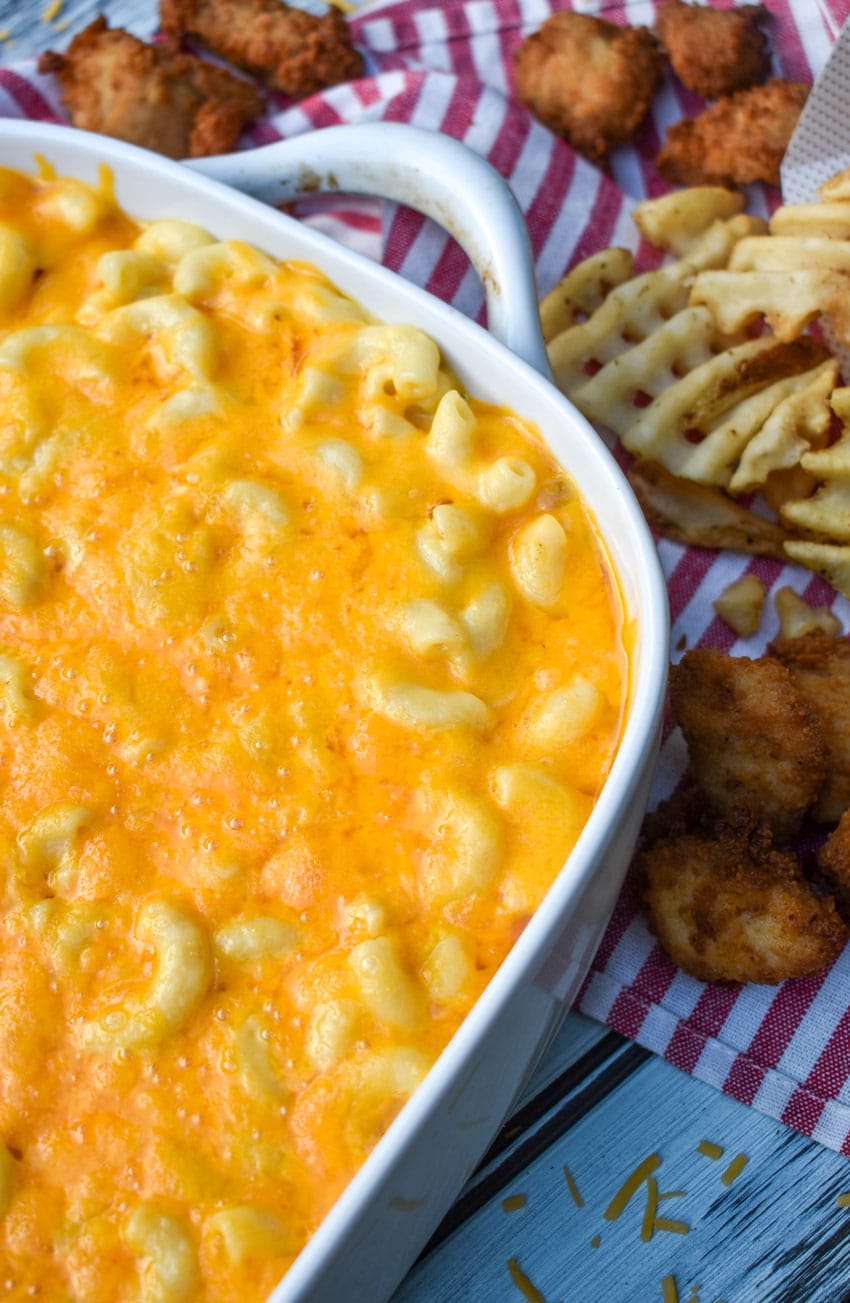 homemade chick fil a mac and cheese in a white casserole dish