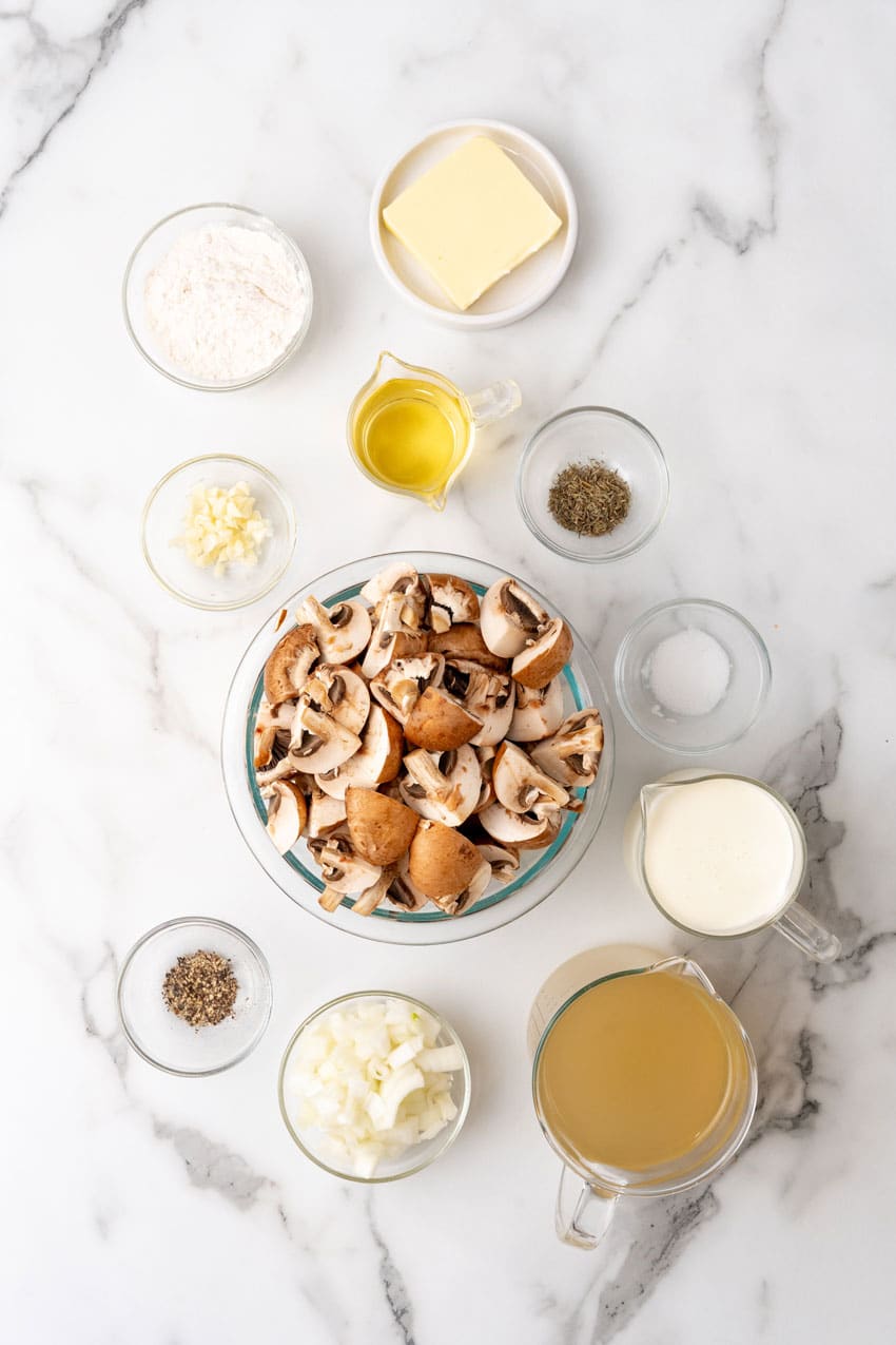 an overhead image showing the measured ingredients needed to make a batch of homemade cream of mushroom soup