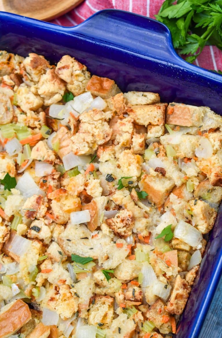 cheddar bay biscuit stuffing in a blue casserole dish