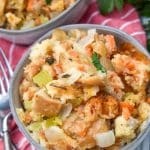 cheddar bay biscuit stuffing in two small gray bowls