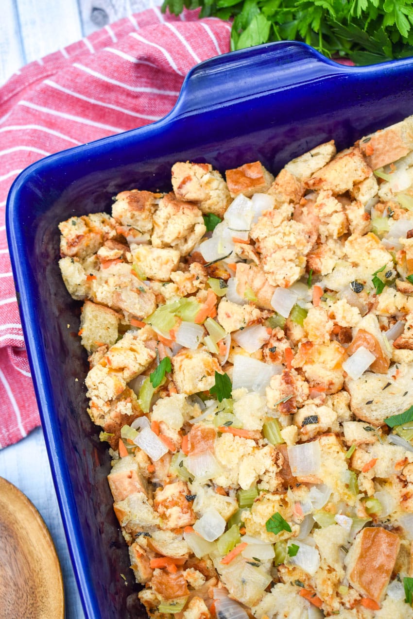 cheddar bay biscuit stuffing in a blue casserole dish