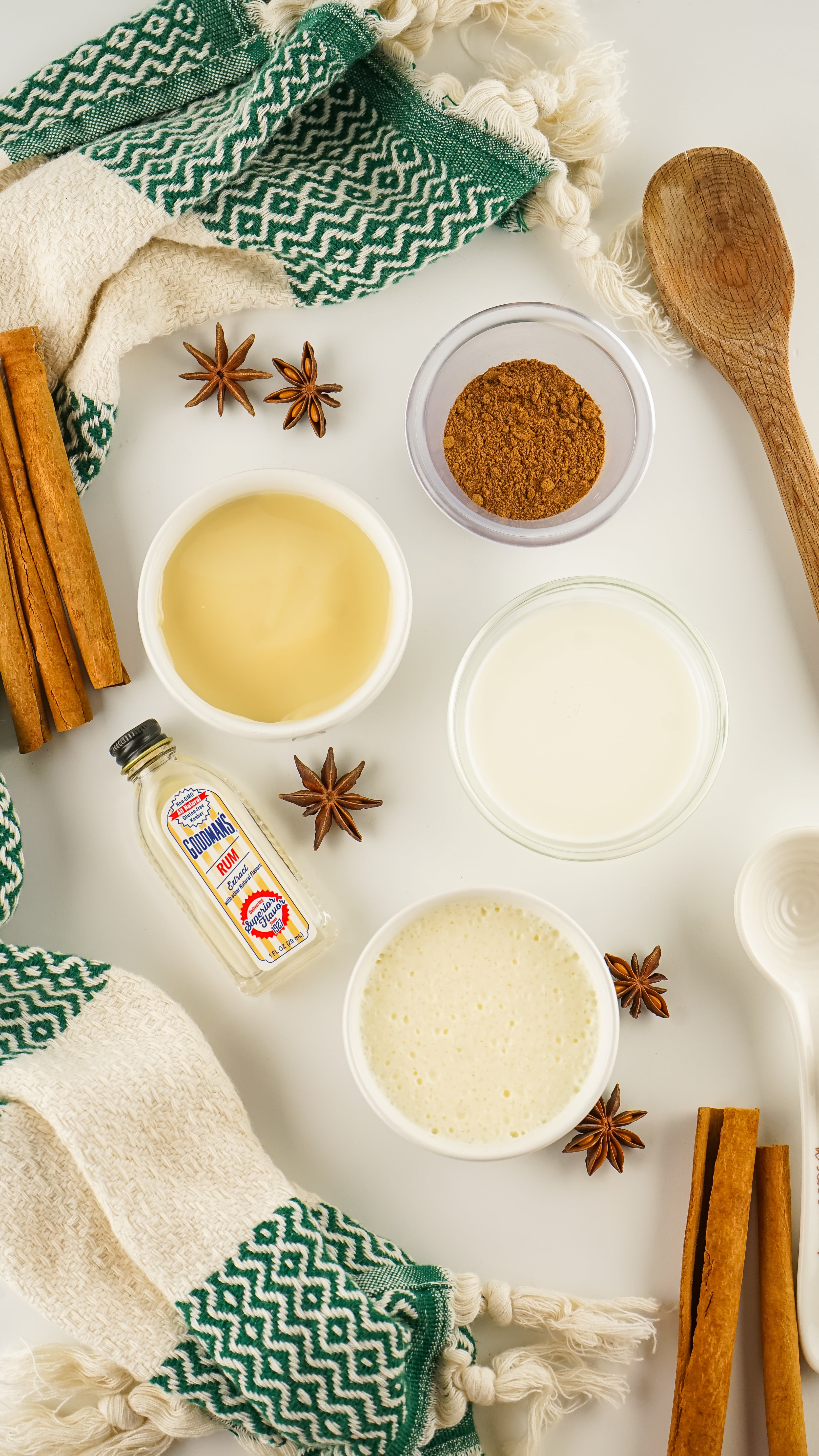 an overhead image showing the measured ingredients needed to make a batch of eggnog coffee creamer