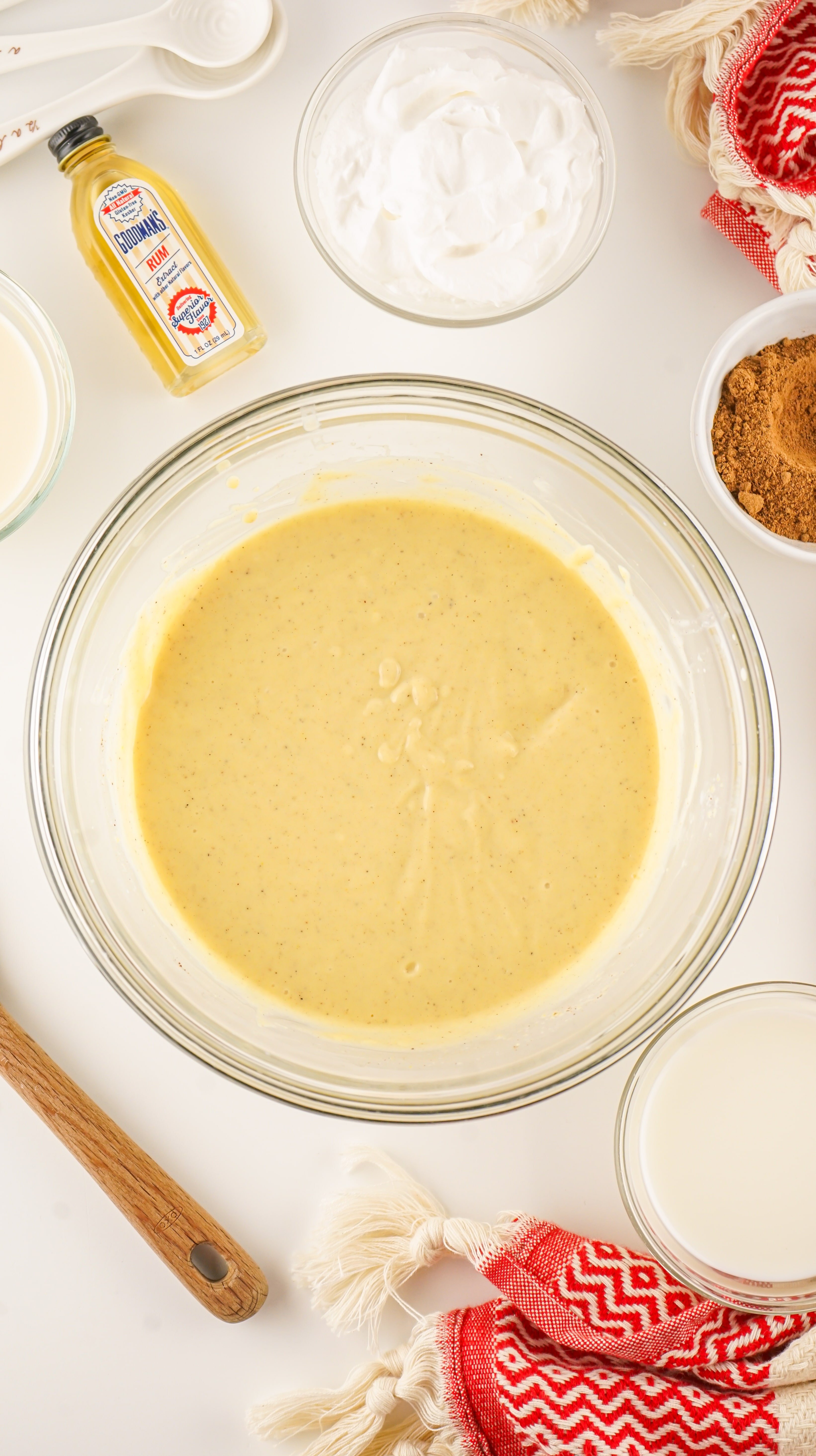 eggnog pie filling in a glass mixing bowl