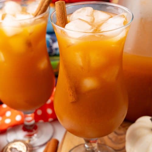 harry potter pumpkin juice in two glasses with ice cubes and cinnamon sticks as a garnish