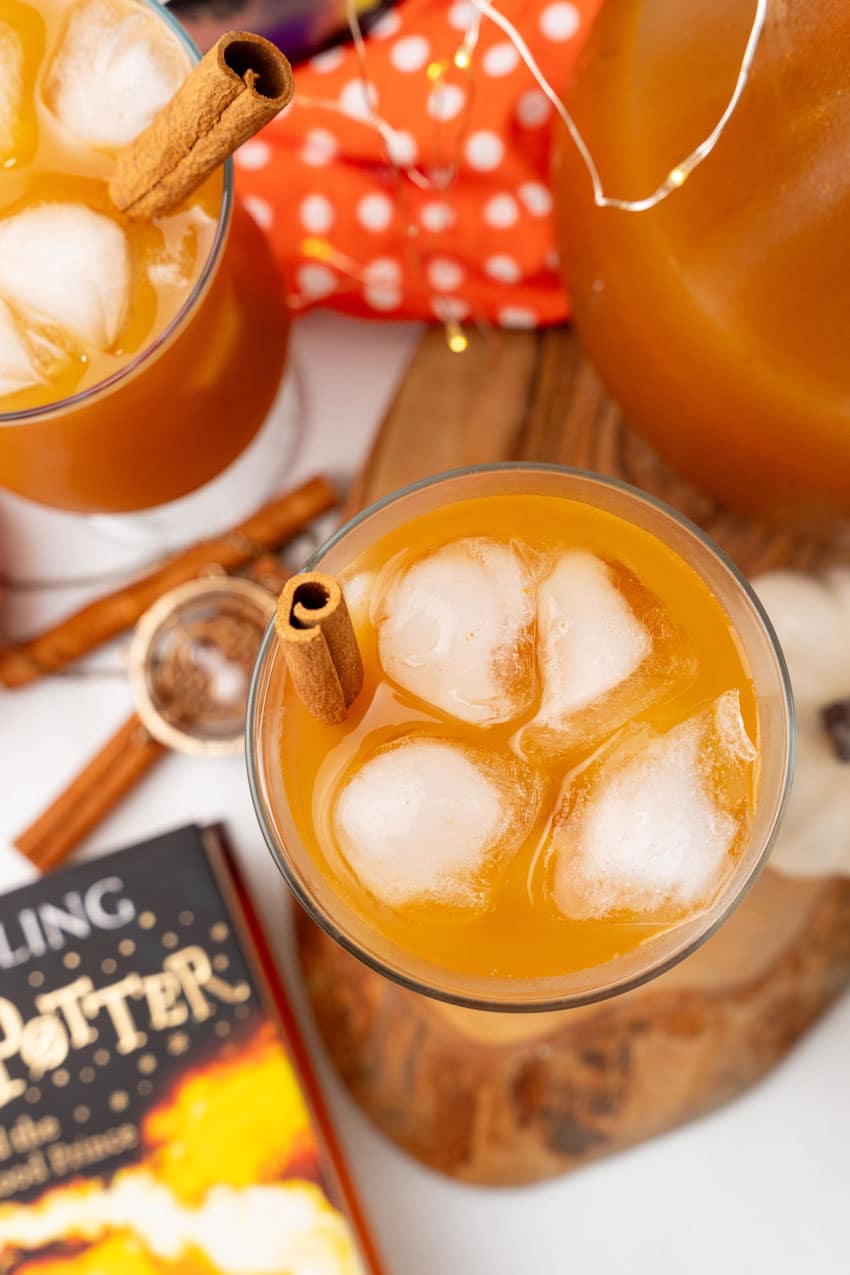 an overhead of two glasses filled with pumpkin juice recipe over ice cubes with a cinnamon stick for garnish