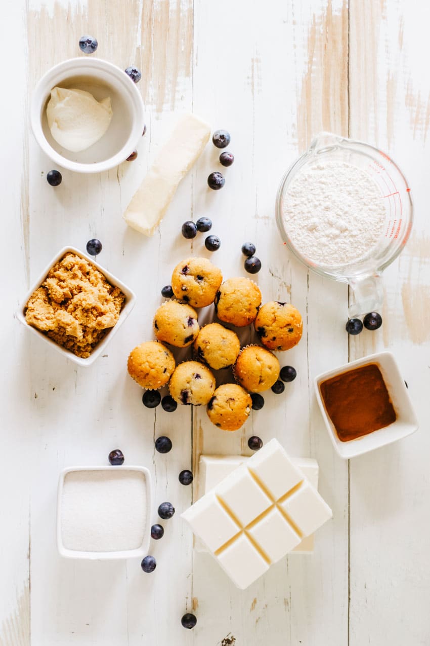 an overhead image showing the measured ingredients needed to make a batch of blueberry muffin cake pops