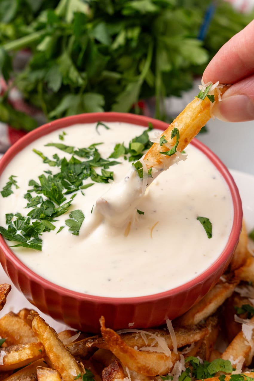 a hand holding up a homemade french fry dipped in garlic aioli