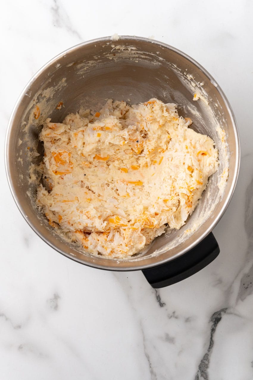 crab mashed potato filling in a metal pot