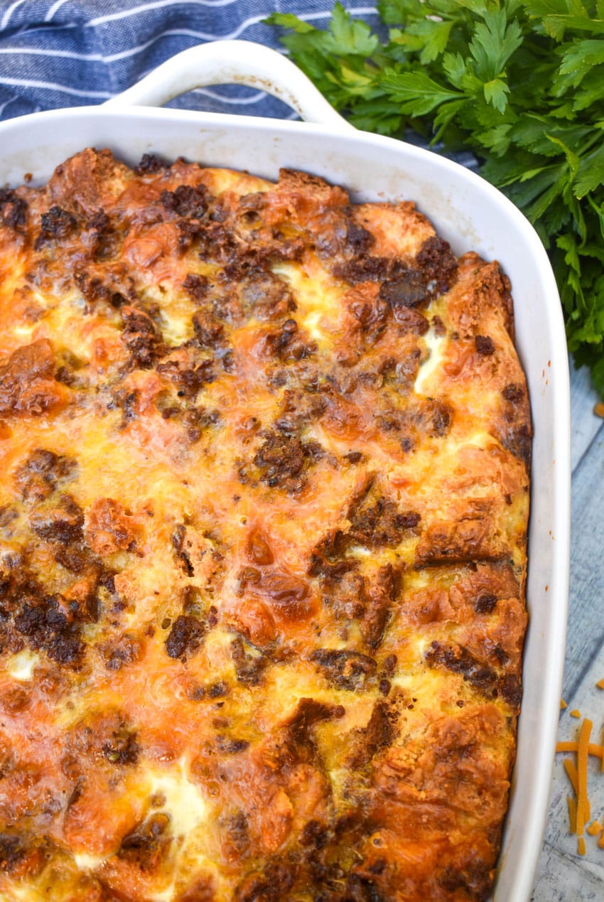 cheddar bay biscuit breakfast bake in a white casserole dish