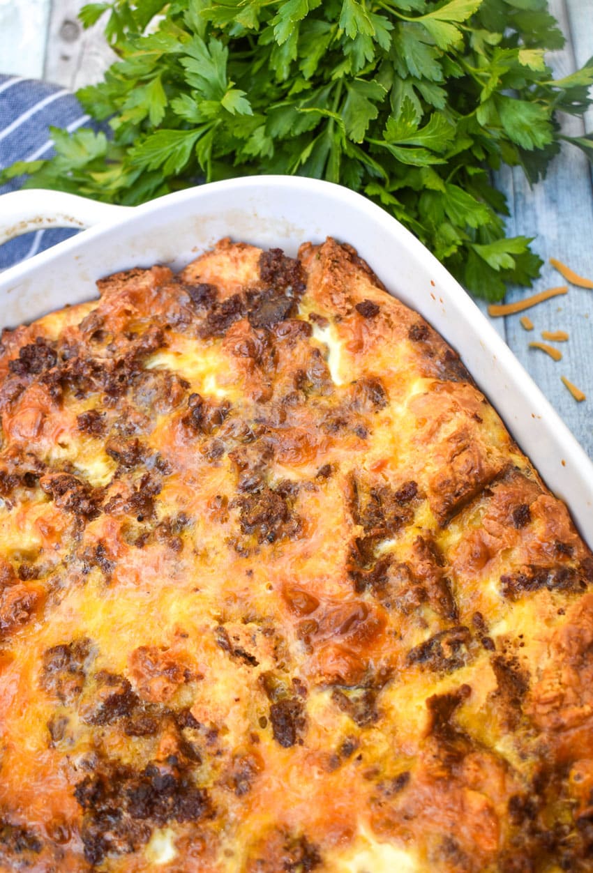 cheddar bay biscuit breakfast bake in a white casserole dish