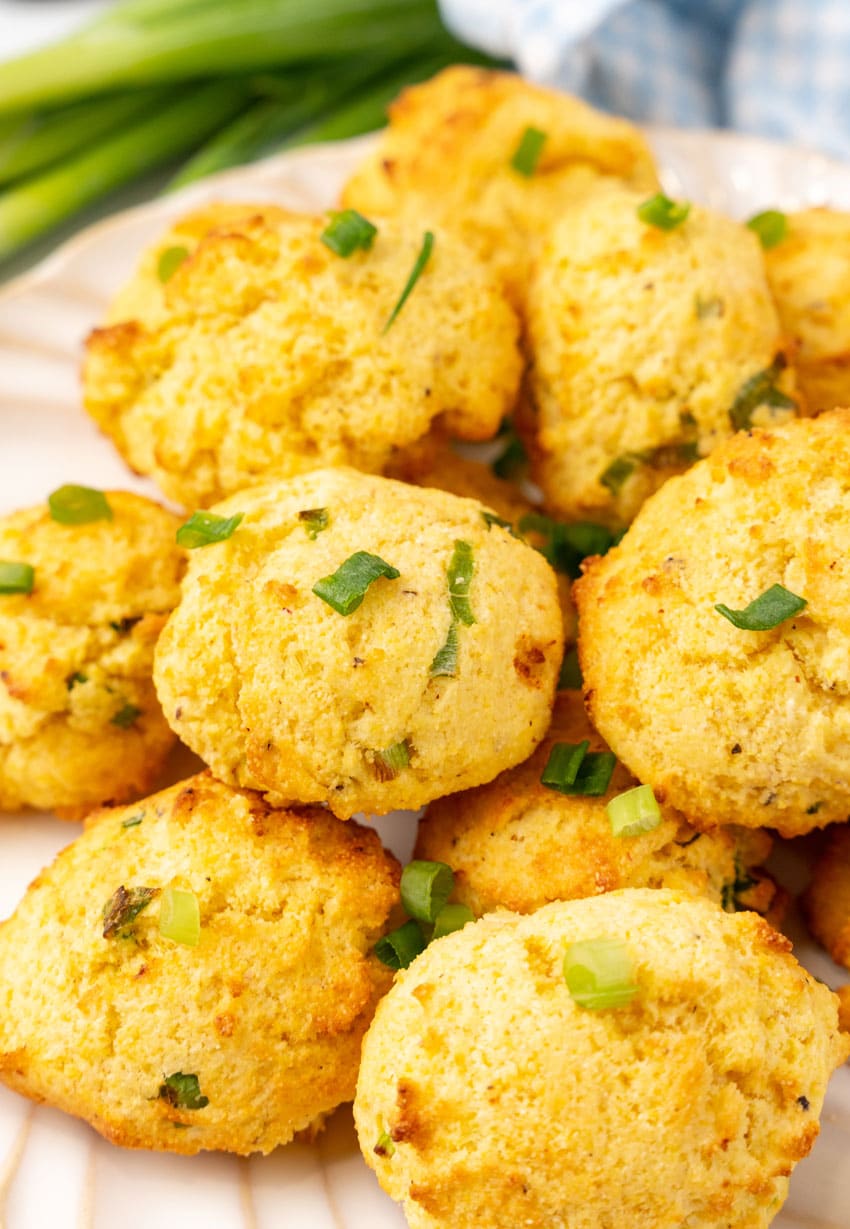 a pile of air fryer hushpuppies on a white plate