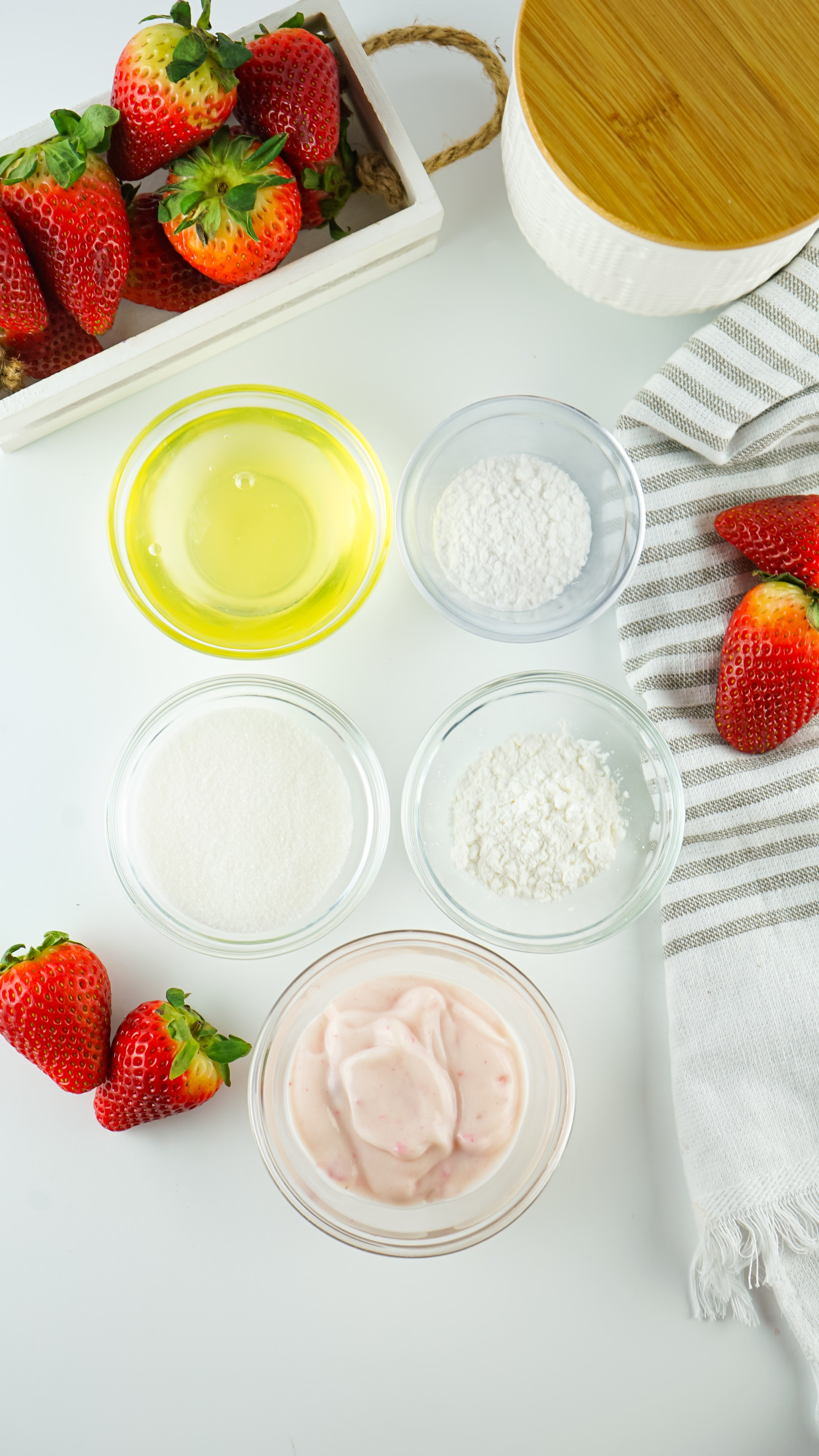 an overhead image showing the measured ingredients needed to make a batch of homemade yogurt melts