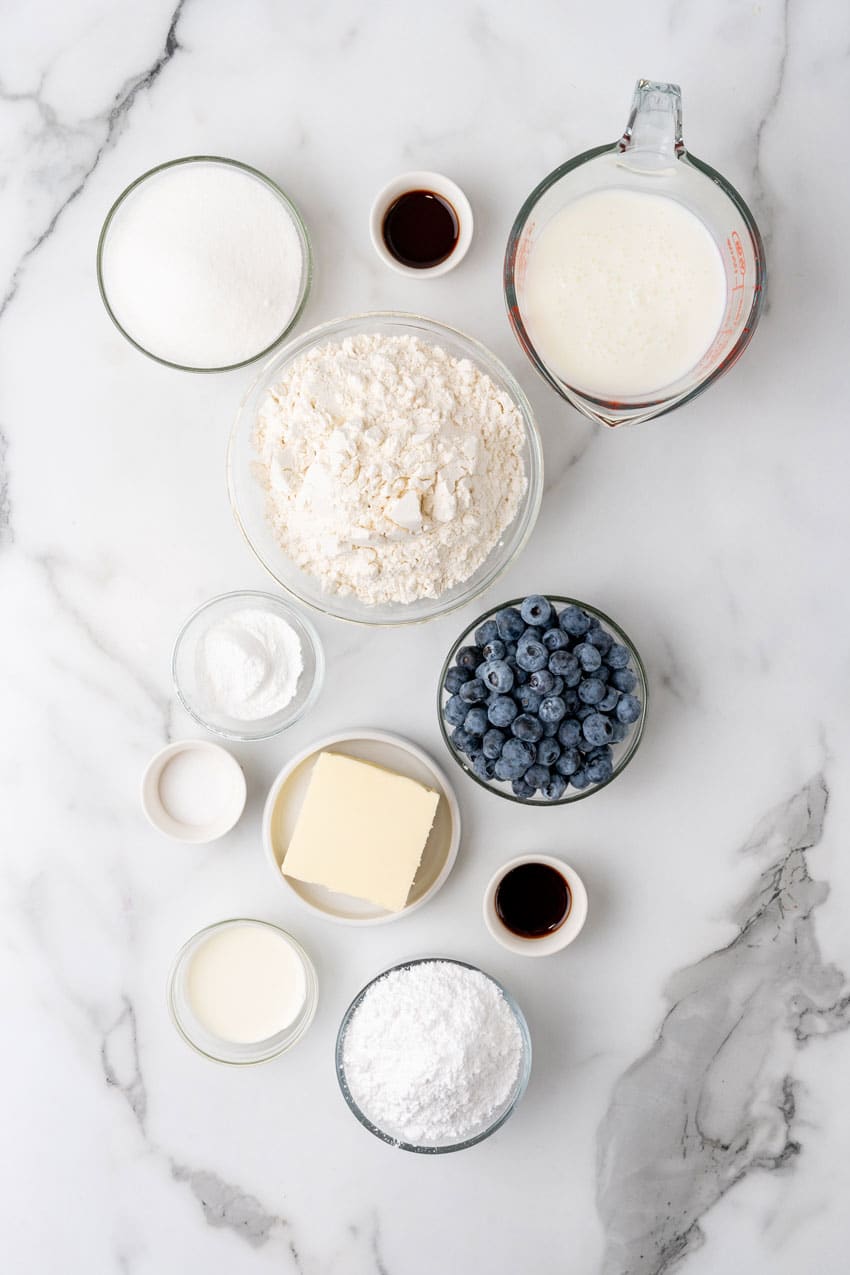 an overhead image showing the measured ingredients needed to make a batch of copycat bo berry biscuits