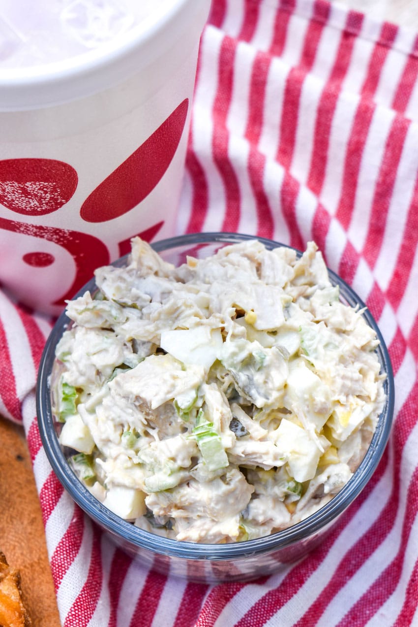 copycat chick fil a's chicken salad in a small glass bowl