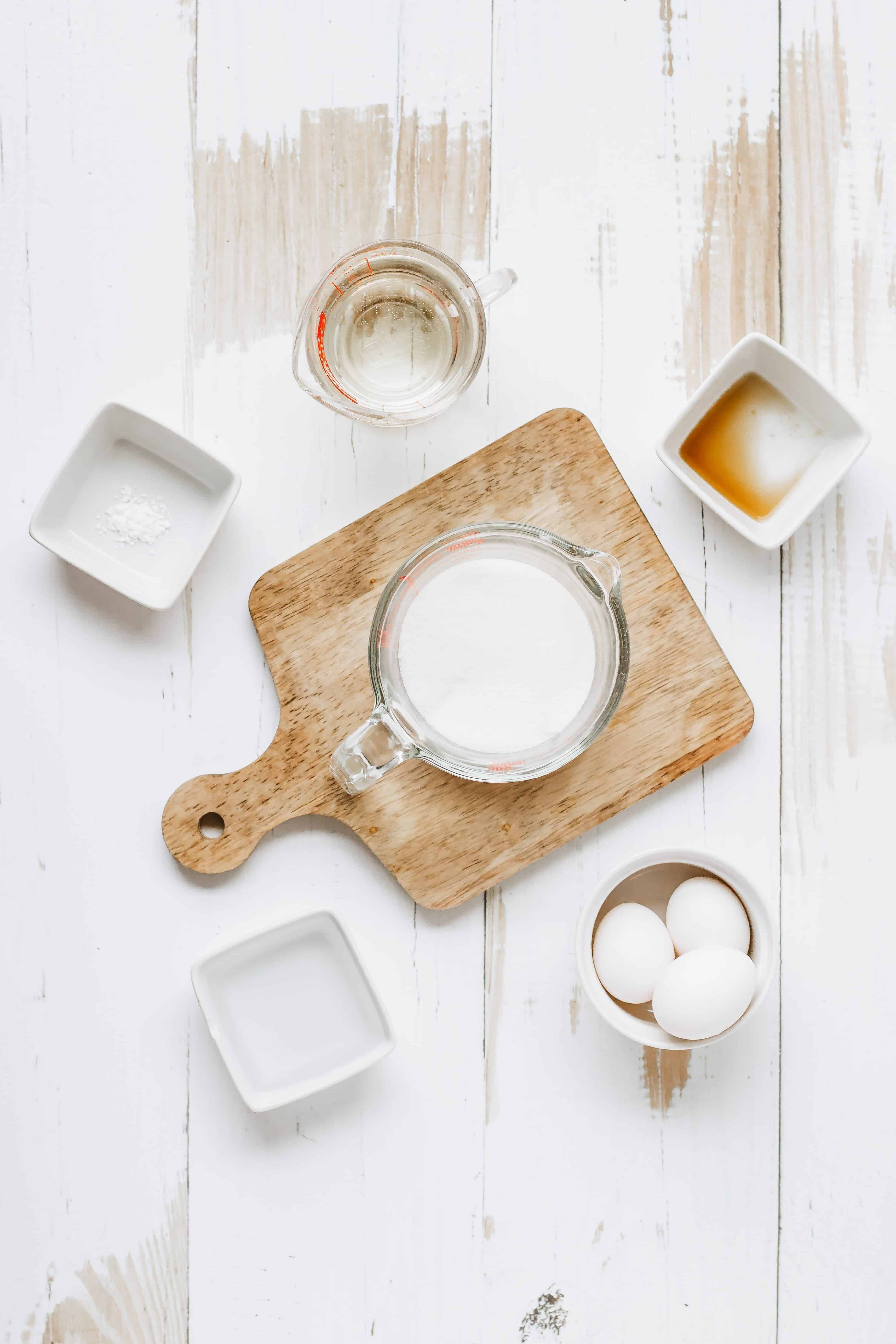 an overhead image showing the measured ingredients need to make a batch of homemade marshmallow fluff