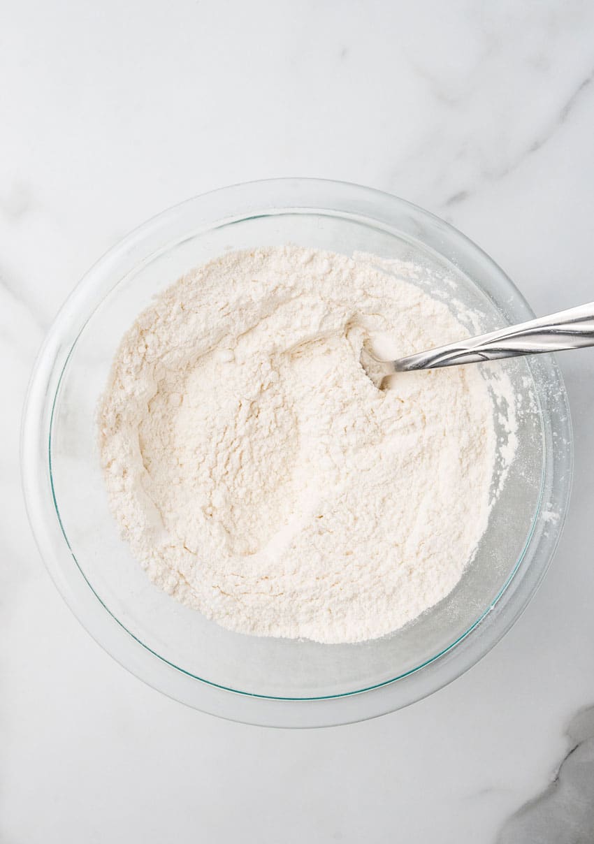 flour in a glass mixing bowl