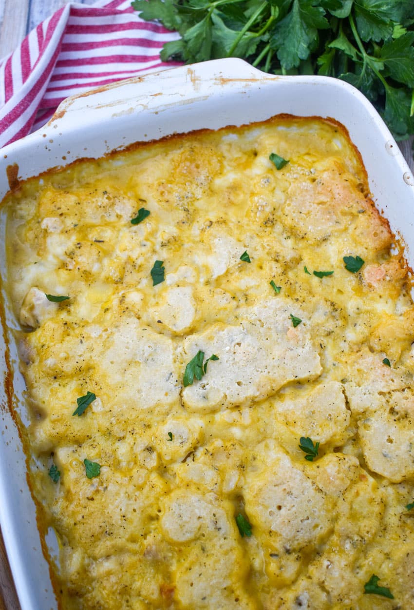 chicken and dumpling casserole in a white baking dish