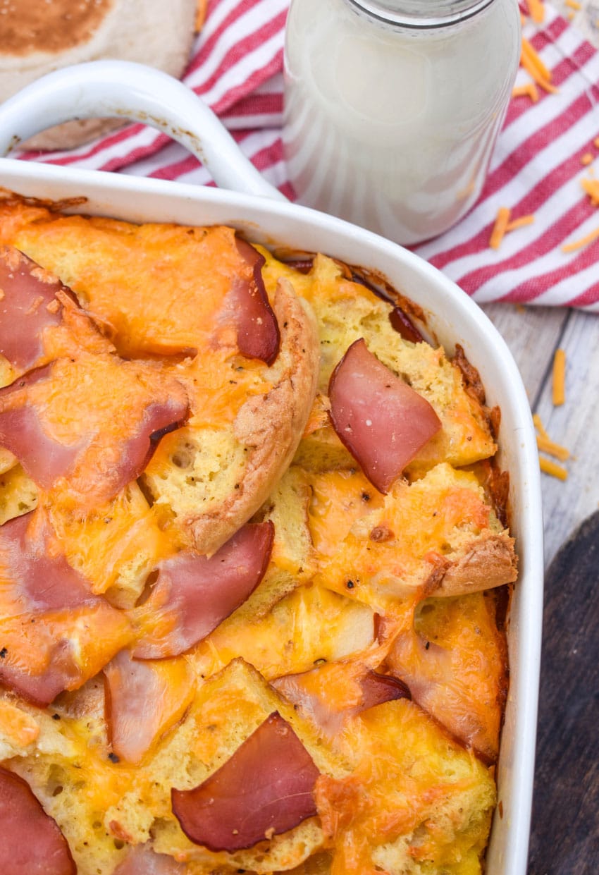 egg mcmuffin casserole in a white baking dish