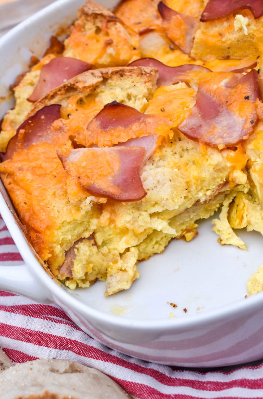 egg mcmuffin casserole in a white baking dish