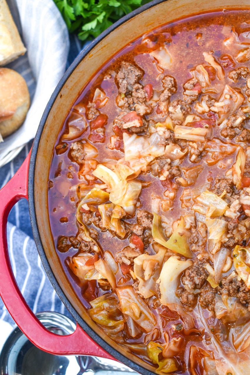 unstuffed cabbage soup in a large red dutch oven