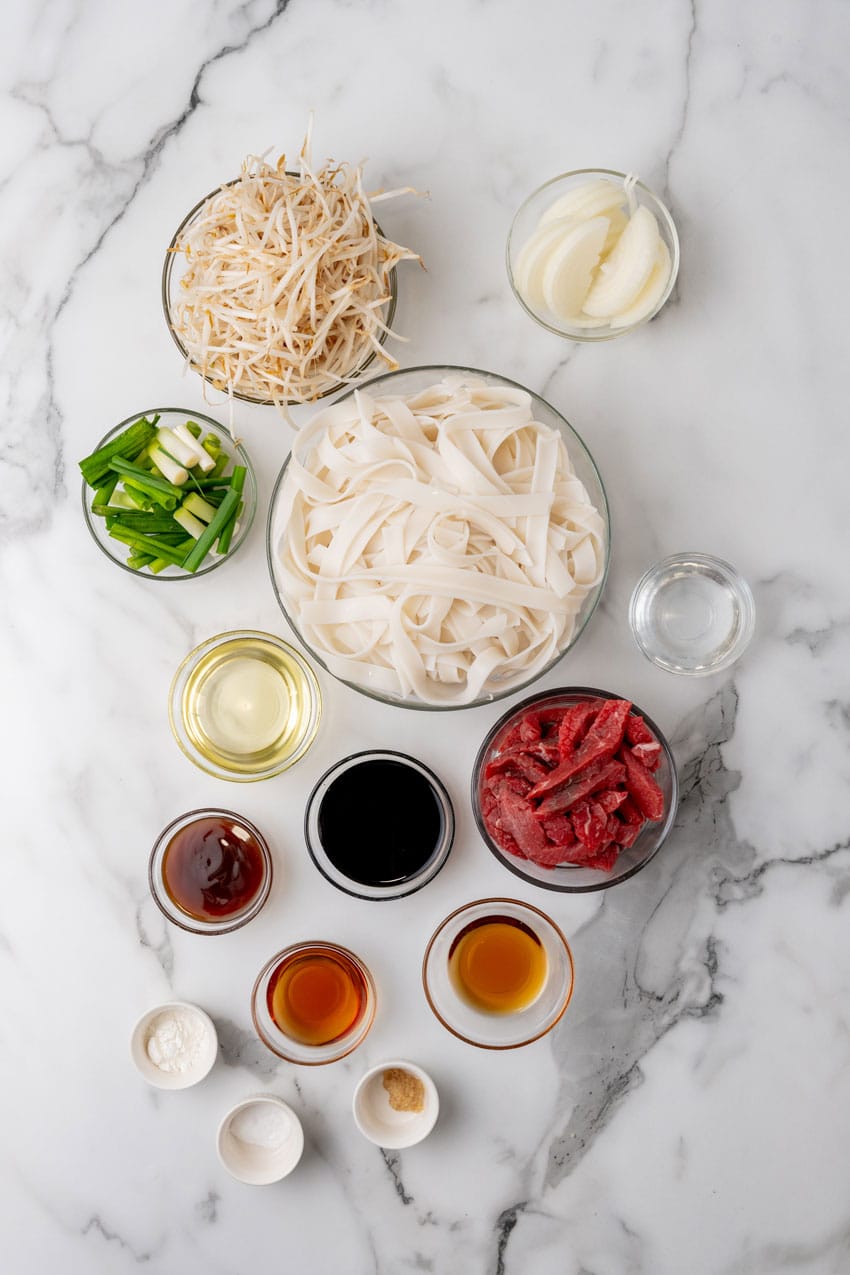 an overhead image showing the measured ingredients needed to make a batch of beef chow fun