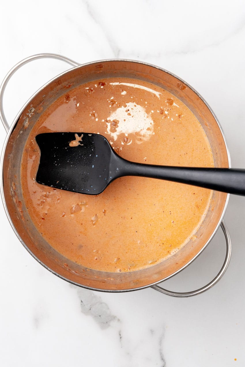 homemade tomato soup in a large metal skillet