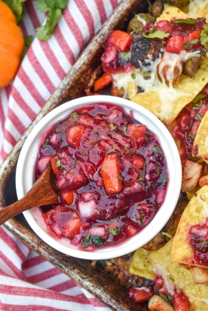 fresh cranberry salsa in a small white bowl