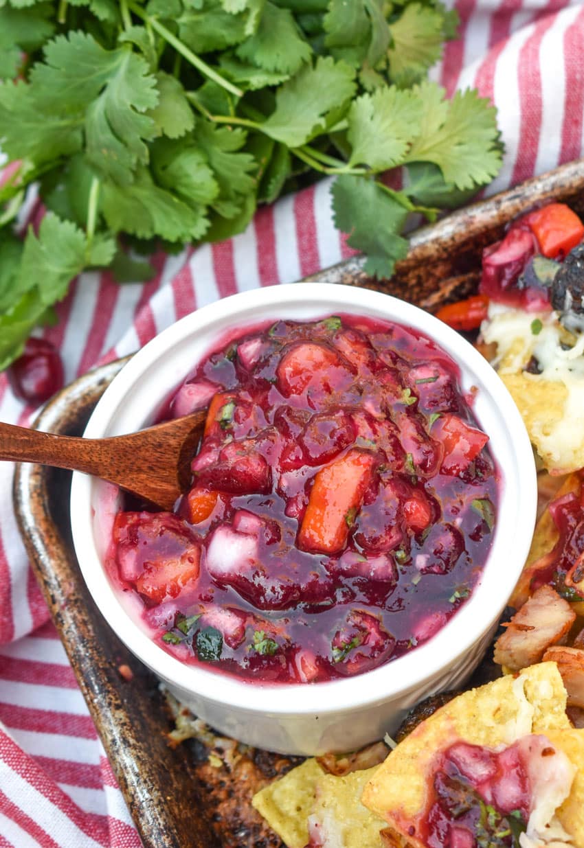 fresh cranberry salsa in a small white bowl