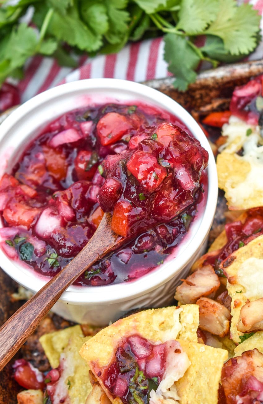 fresh cranberry salsa in a small white bowl