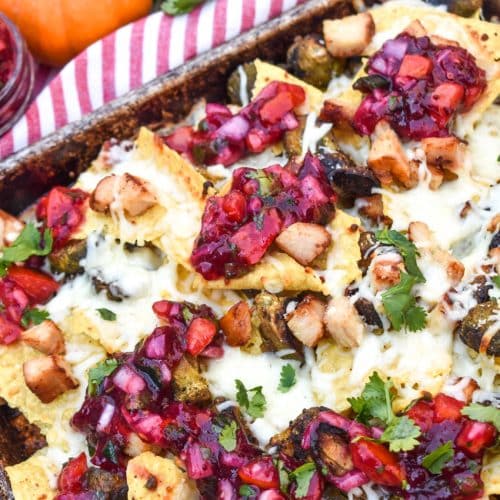 thanksgiving nachos on a rimmed baking sheet