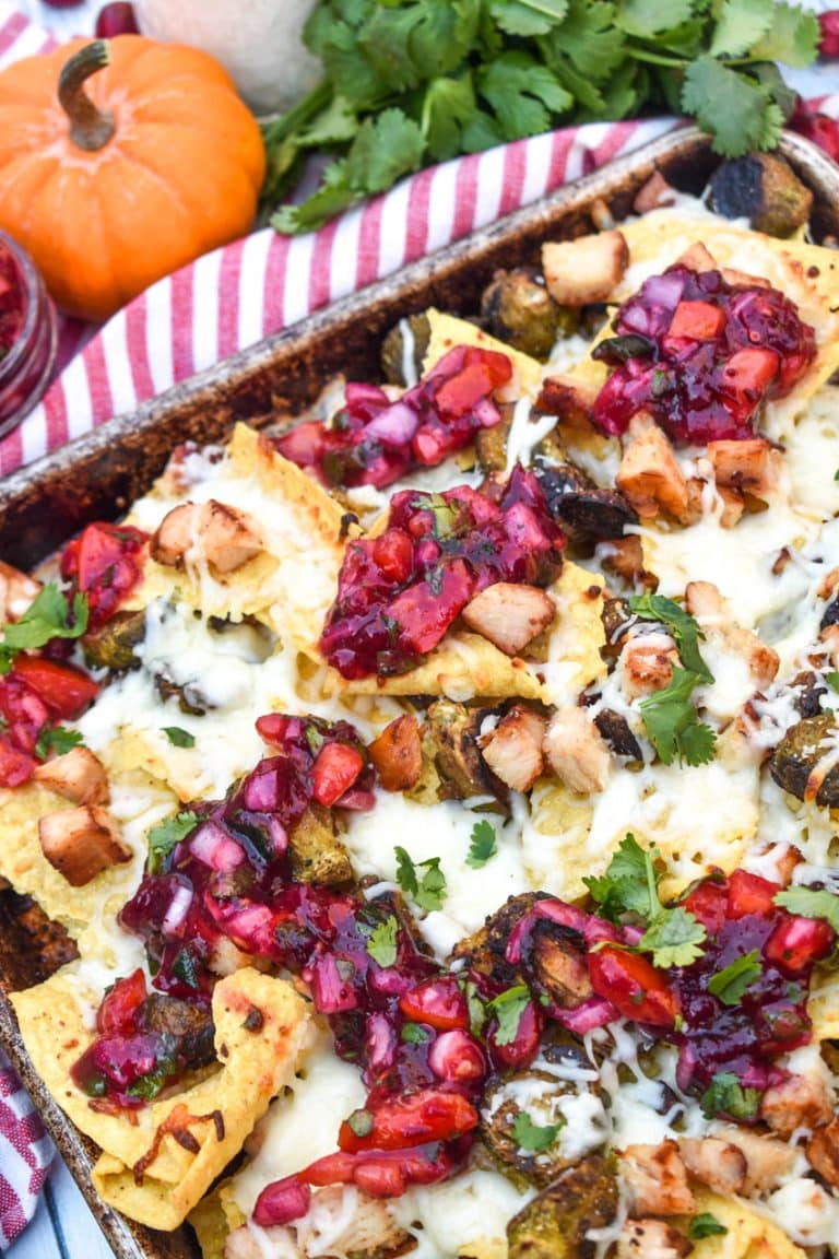 thanksgiving nachos on a rimmed baking sheet