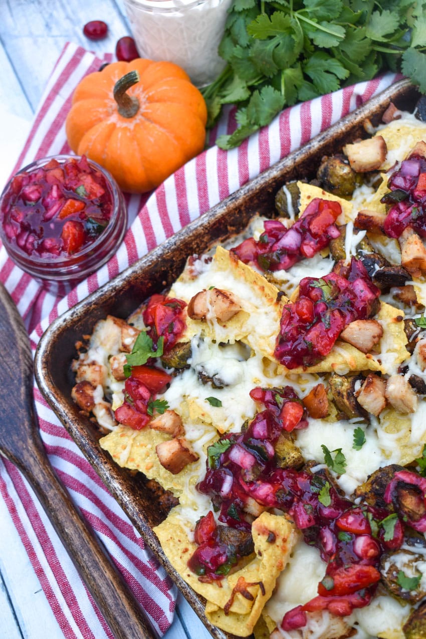 thanksgiving nachos on a rimmed baking sheet