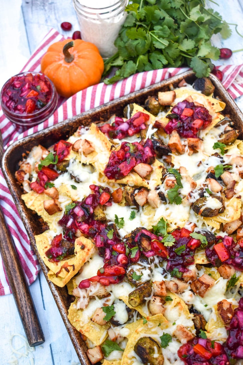 thanksgiving nachos on a rimmed baking sheet