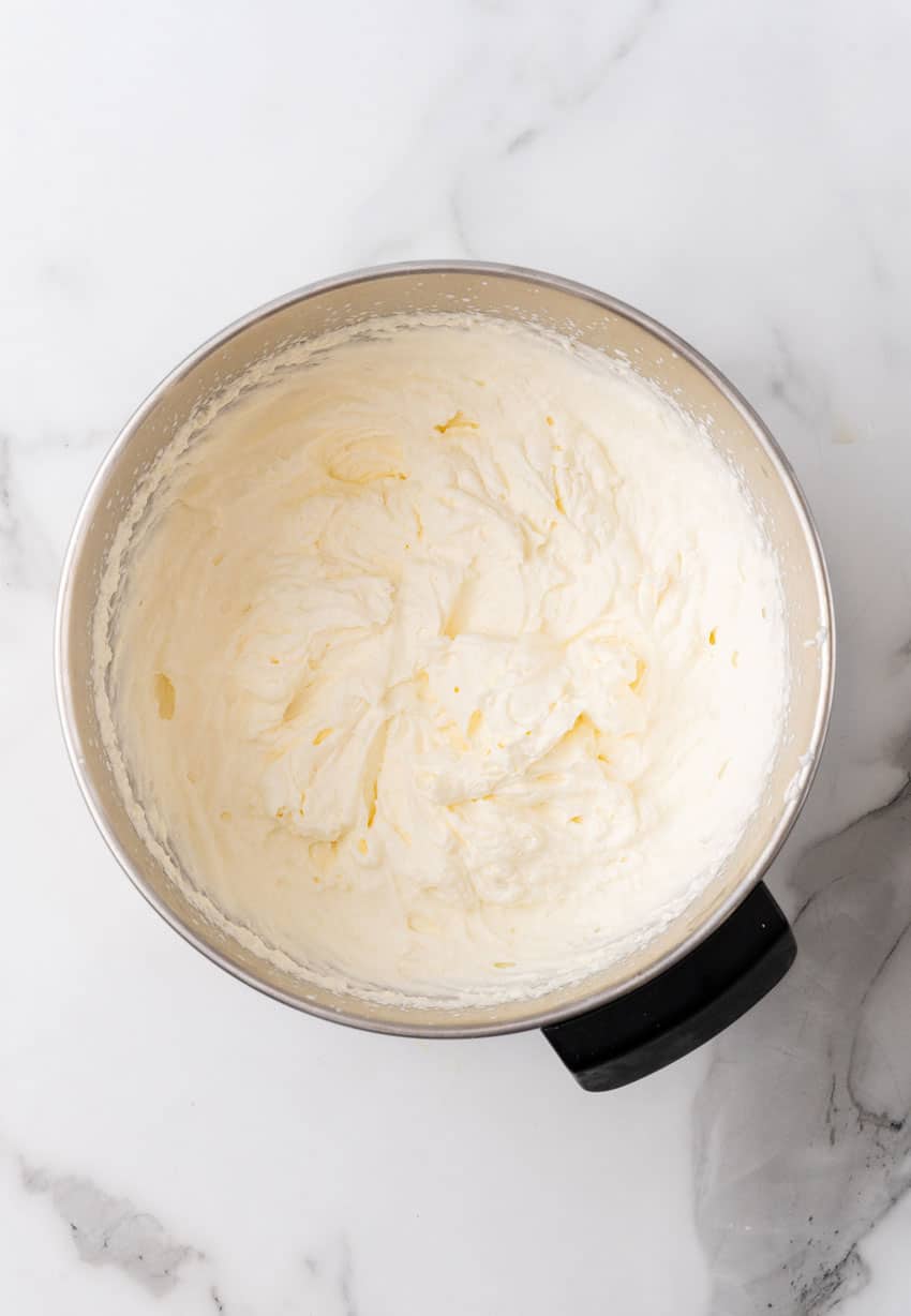 boston cream pie whipped filling in a metal mixing bowl