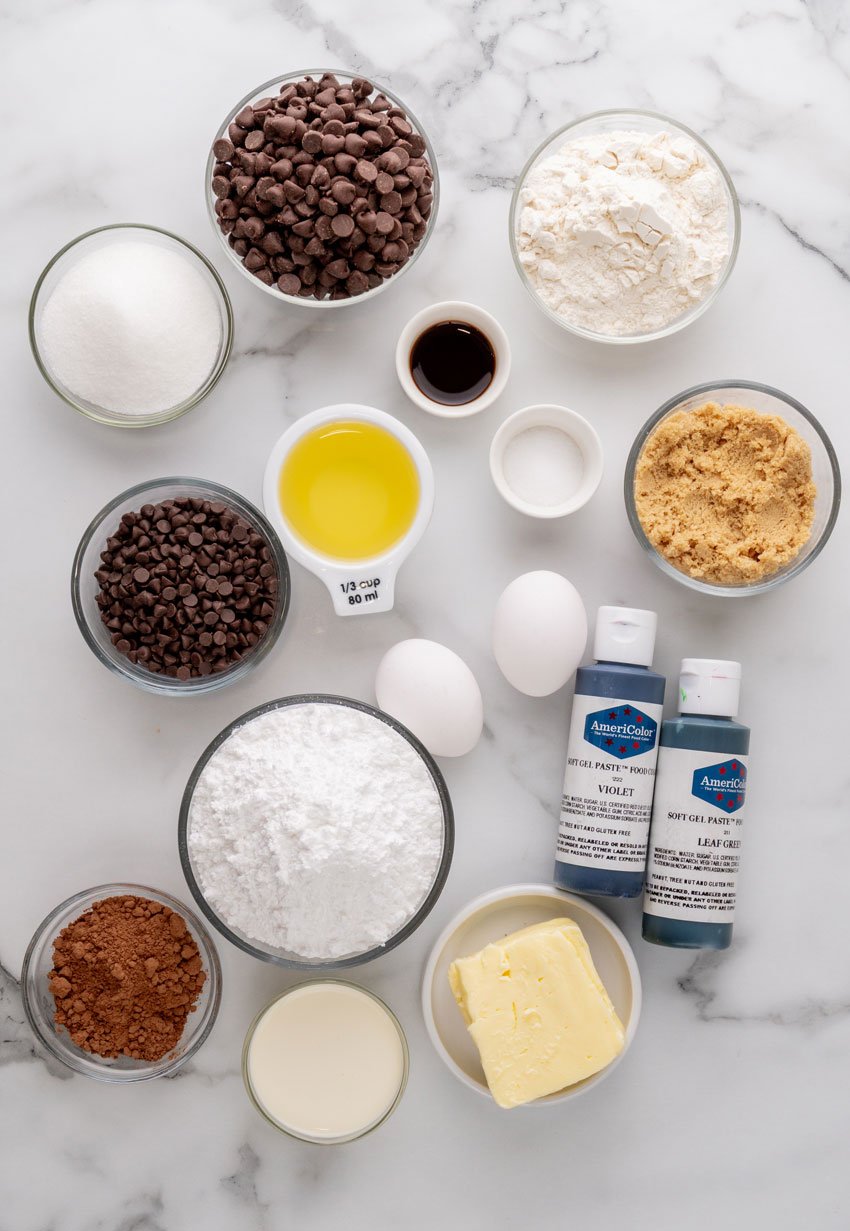 an overhead image showing the measured ingredients needed to make a batch of harry potter cauldron cupcakes