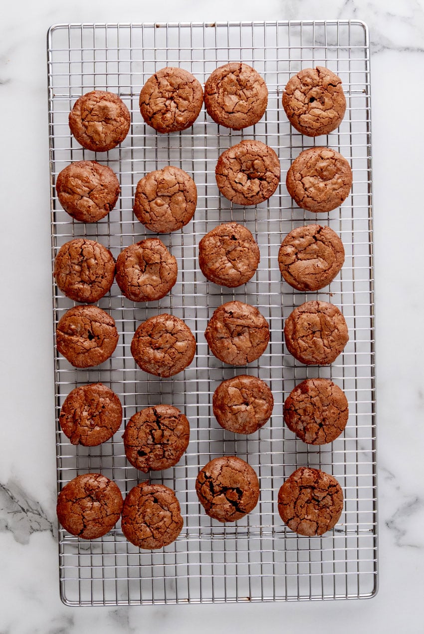 mini chocolate cupcakes cooling on a wire rack