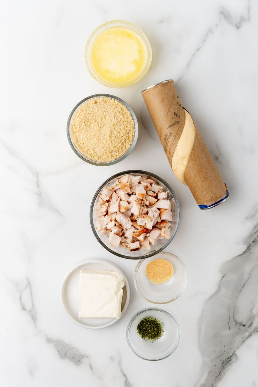 an overhead image showing the measured ingredients needed to make a batch of chicken pillows