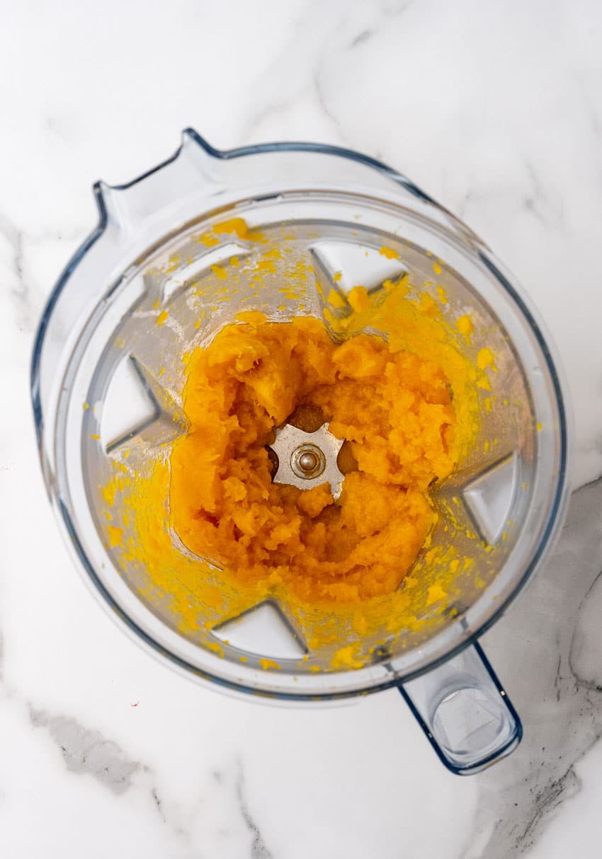 homemade pumpkin puree in a glass blender