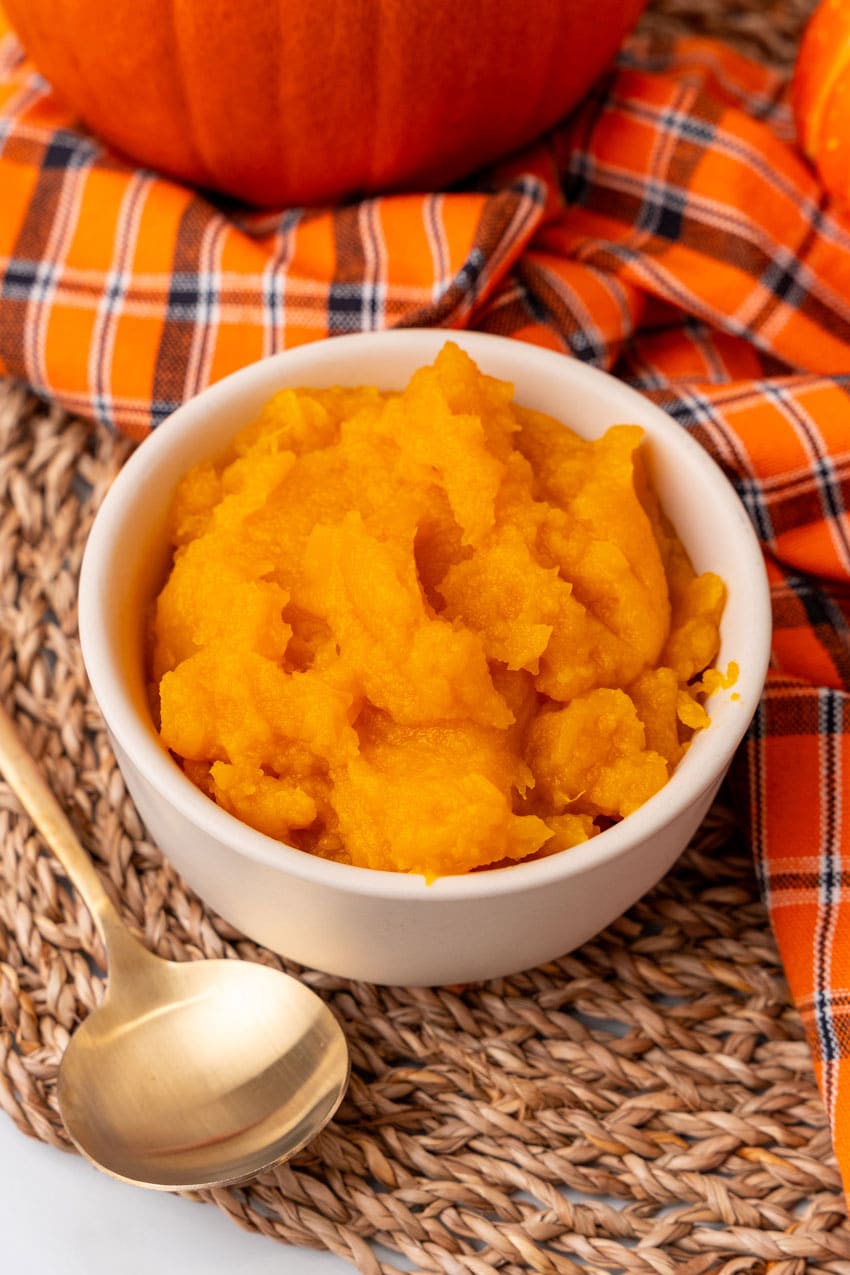 homemade pumpkin puree in a small white bowl