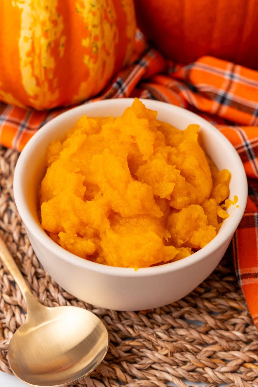 homemade pumpkin puree in a small white bowl