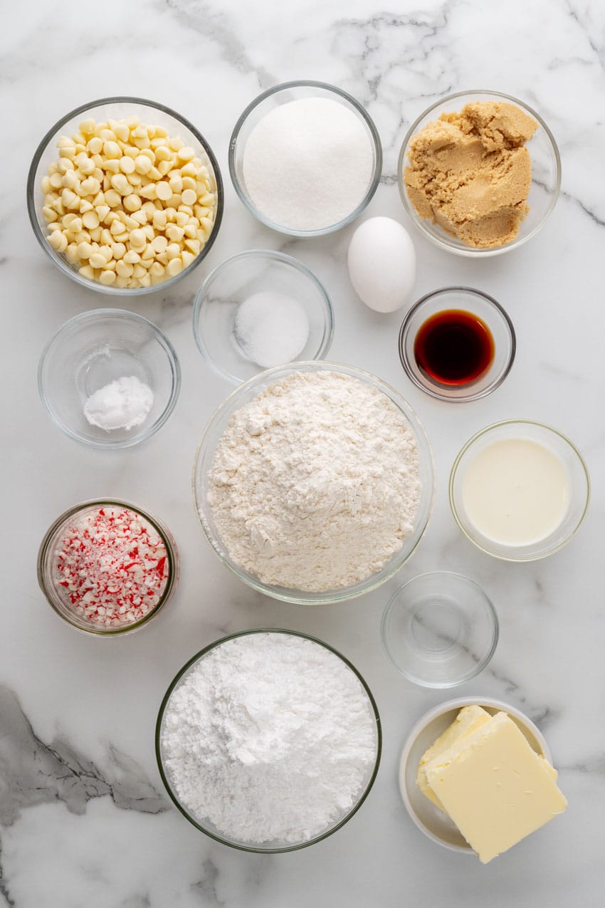 an overhead image showing the measured ingredients needed to make a peppermint sugar cookei cake