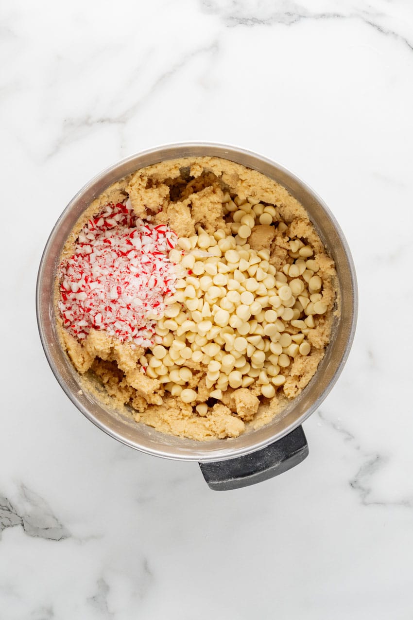 homemade peppermint sugar cookie dough in a metal mixing bowl