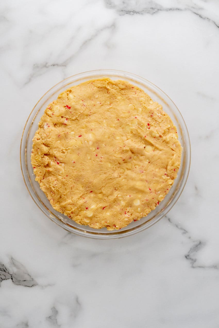 homemade peppermint sugar cookie dough in a metal mixing bowl
