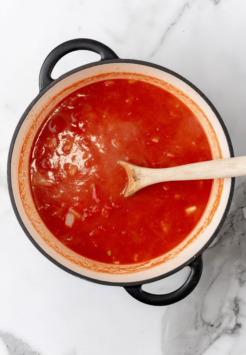 homemade tomato bisque in a large dutch oven