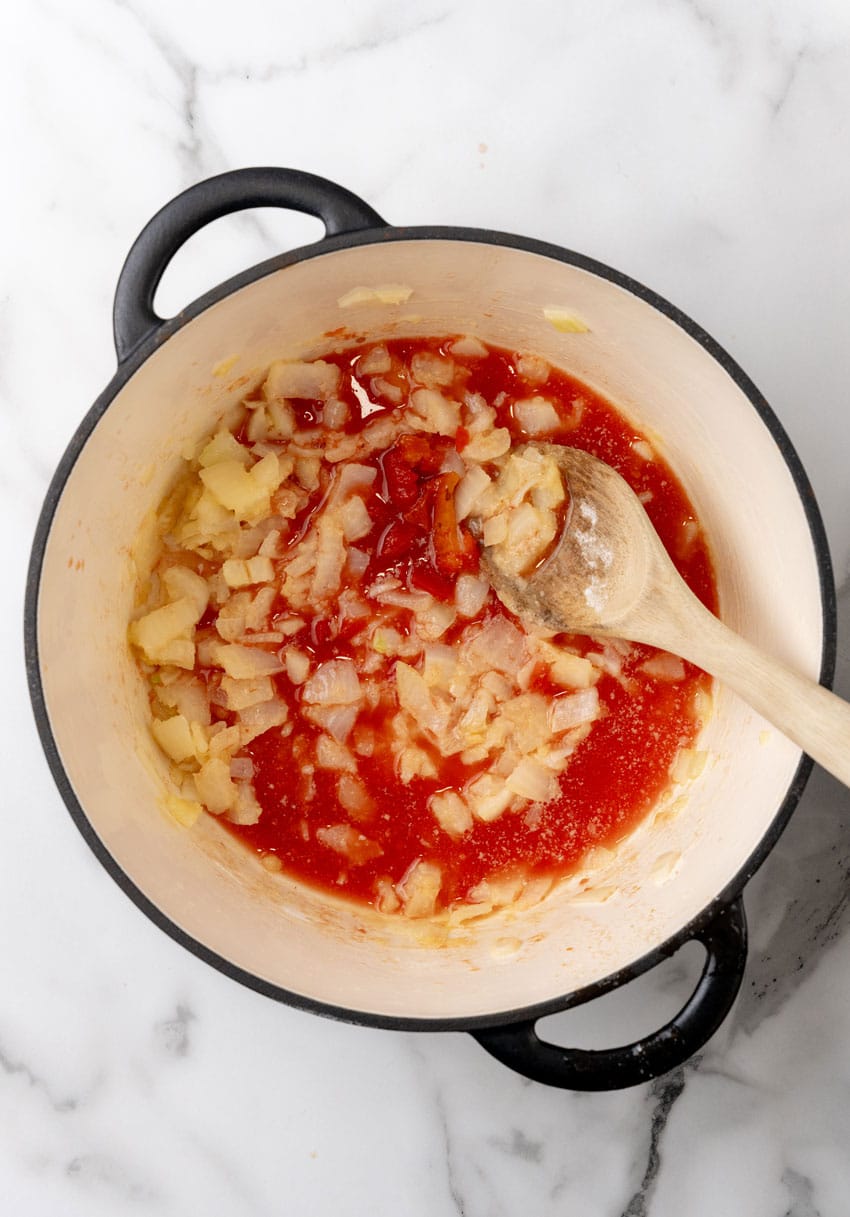 homemade tomato soup in a large dutch oven