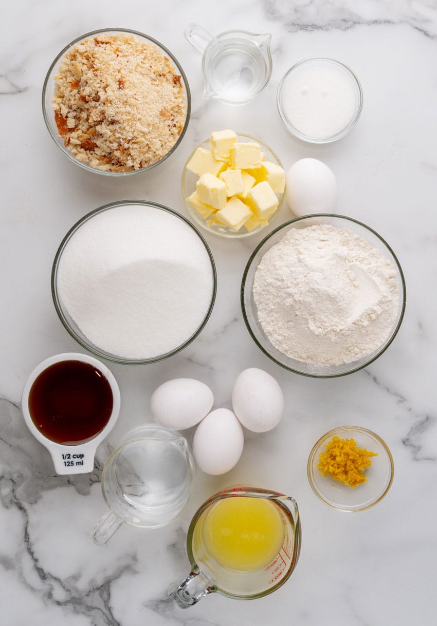 an overhead image showing the measured ingredients needed to make a homemade treacle tart from harry potter