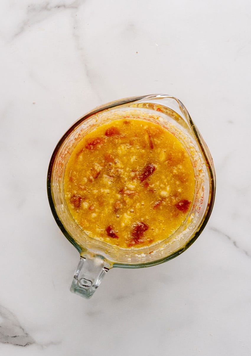 treacle tart filling in a glass mixing bowl
