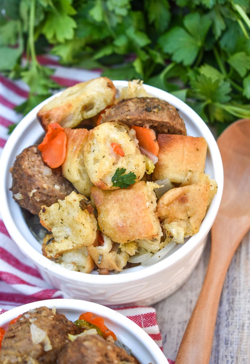 ciabatta meatball stuffing in two white ramekins