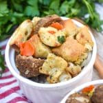 ciabatta meatball stuffing in two white ramekins